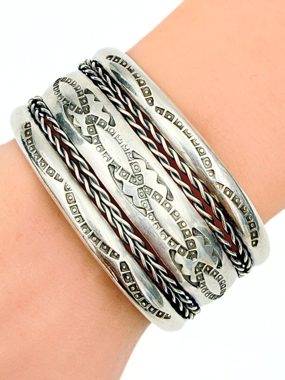 Native American Navajo Nickel Silver Wheat Chain Stamped Layered Cuff Bracelet